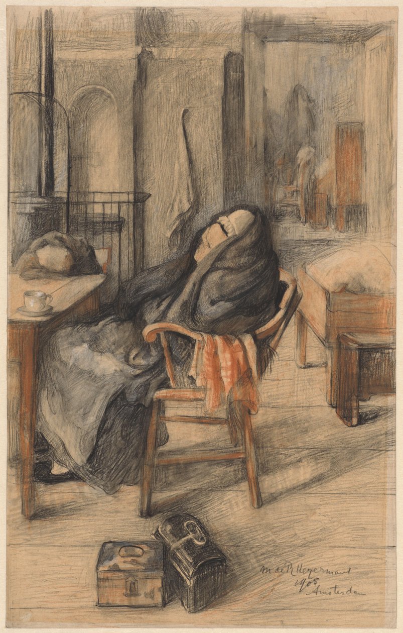 Interieur met zittende oude vrouw door Marie de Roode Heijermans