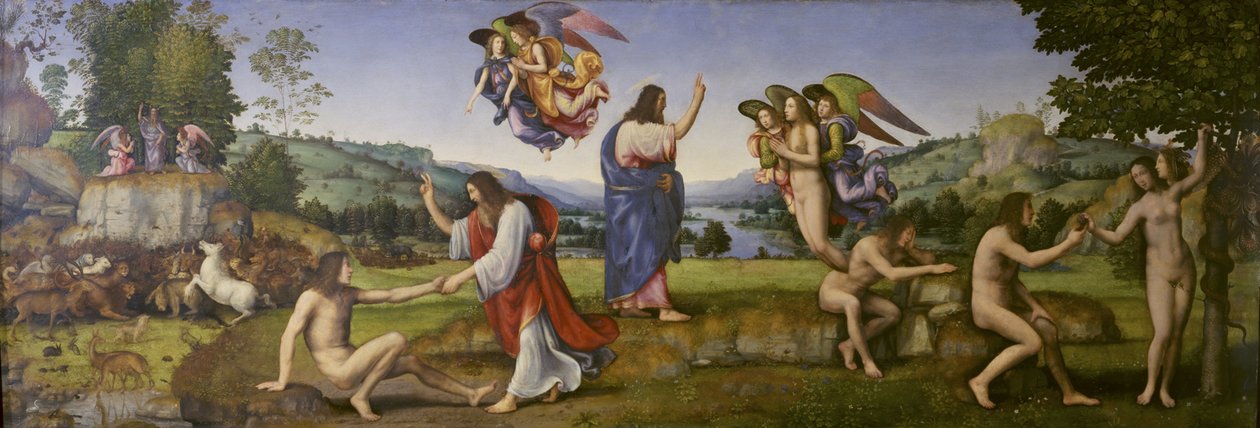 De schepping, verleiding en de val door Mariotto Albertinelli