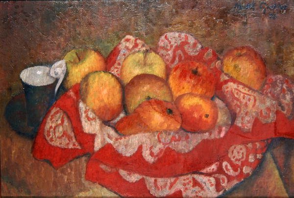 Appels en peren op een rood kleed door Mark Gertler