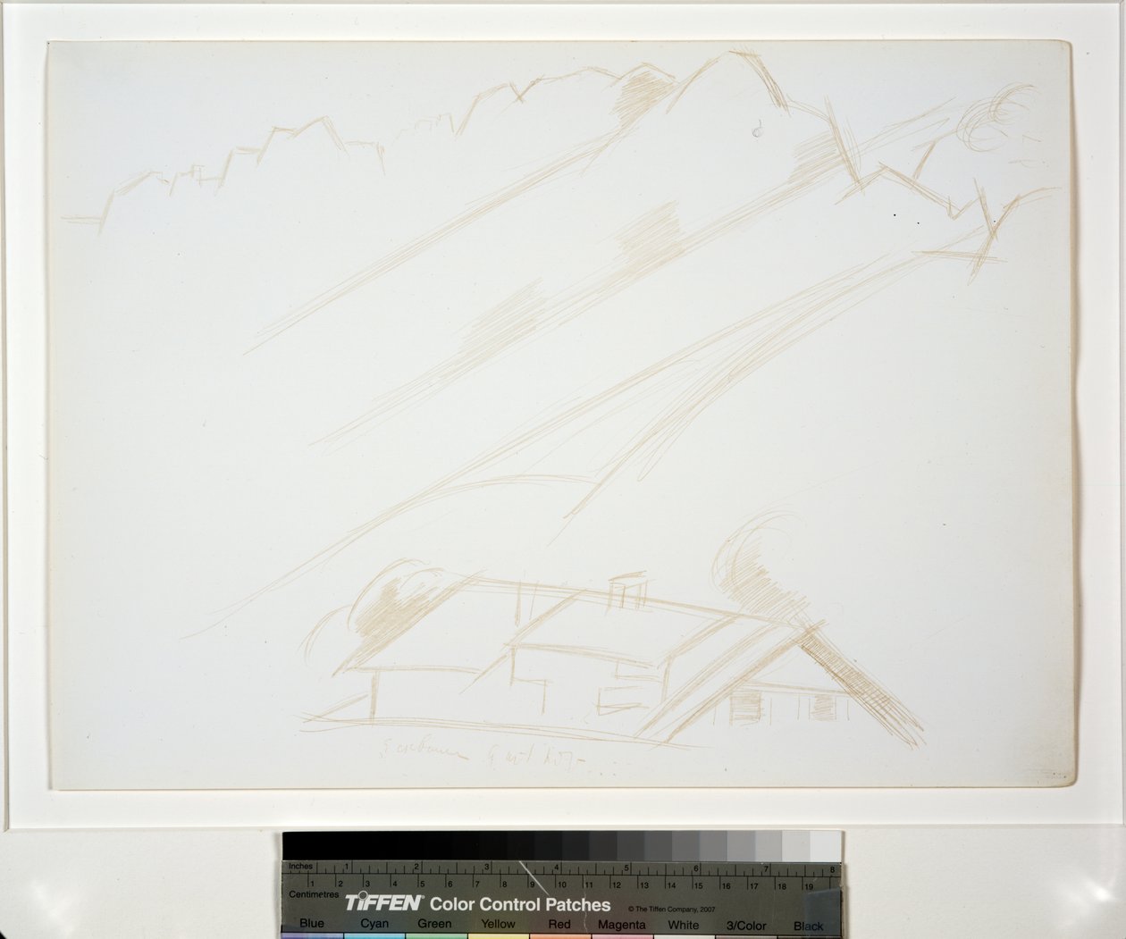 Berglandschap, gebouw op de voorgrond door Marsden Hartley