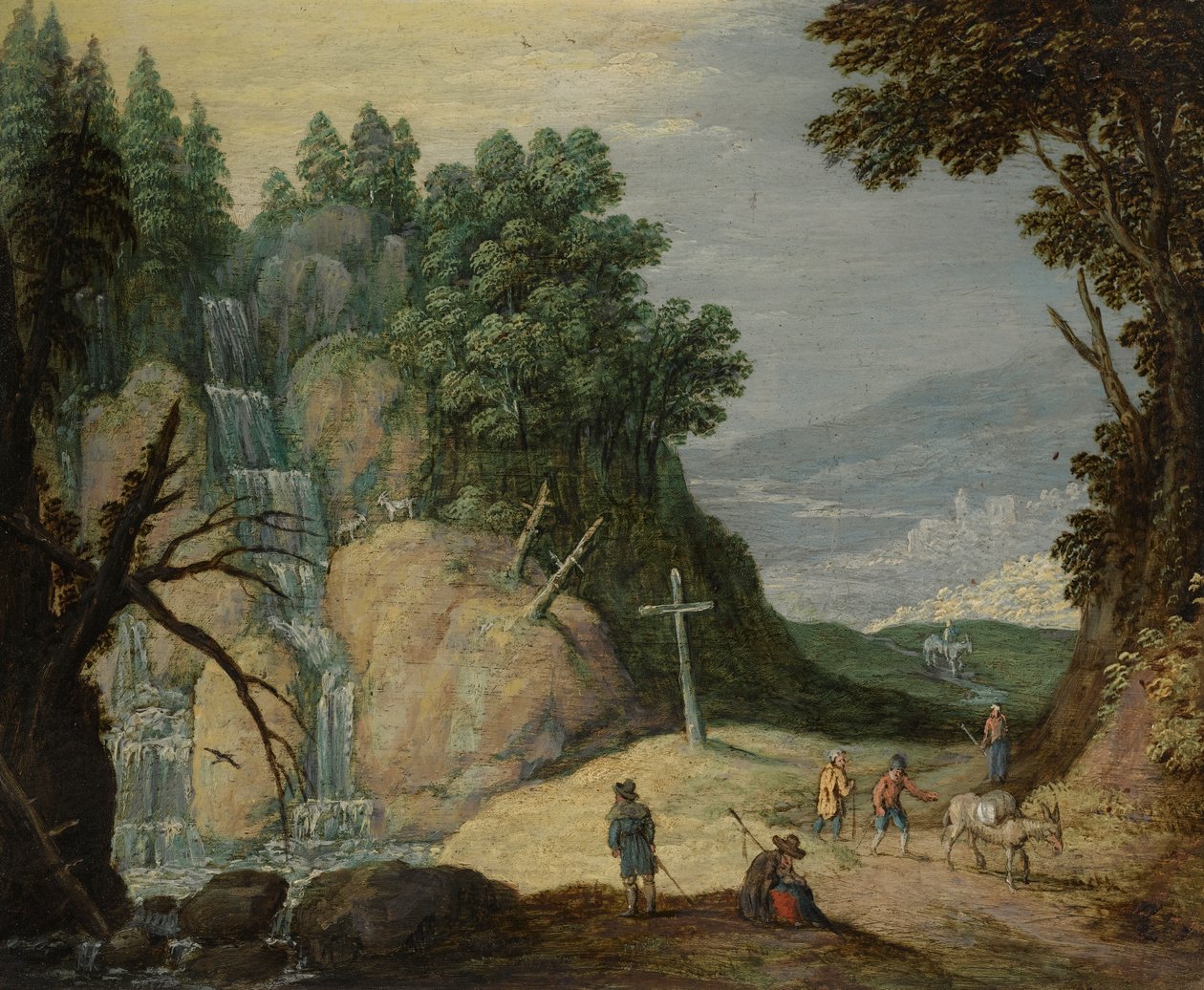 Een rotsachtig landschap met waterval en reizigers op een pad door Marten Ryckaert