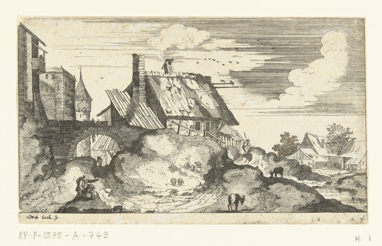 Landschap met stadspoort door Marten de Cock
