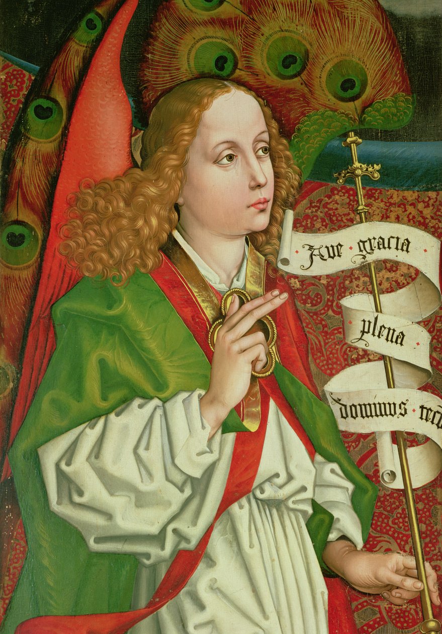 Detail van de Aartsengel Gabriël, uit de Annunciatie, van het Orlier Altaarstuk, c.1468-70 door Martin Schongauer