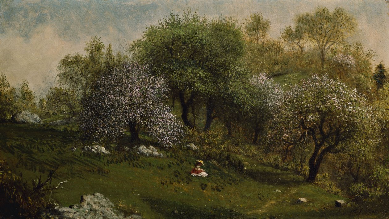 Meisje op een heuvel, appelbloesems door Martin Johnson Heade
