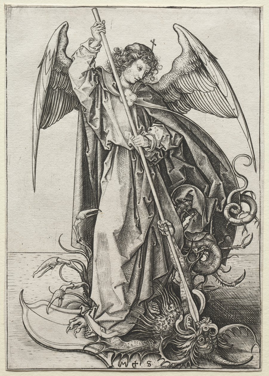 De aartsengel Michaël doorboort de draak door Martin Schongauer