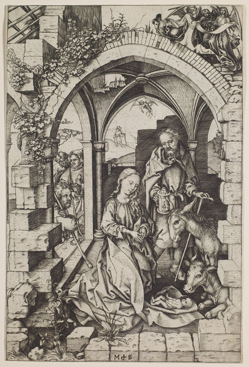 De Geboorte, ca. 1471-73 (gravure) door Martin Schongauer