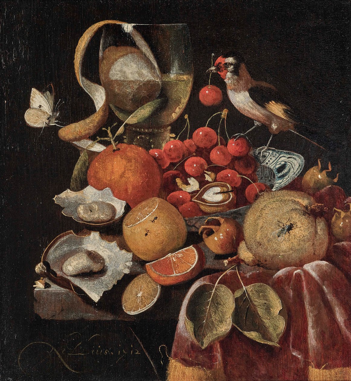 Stilleven van vruchten met een distelvink door Martinus Nellius