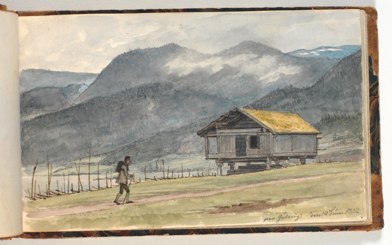 Berglandschap met hut en wandelaar door Martinus Rørbye