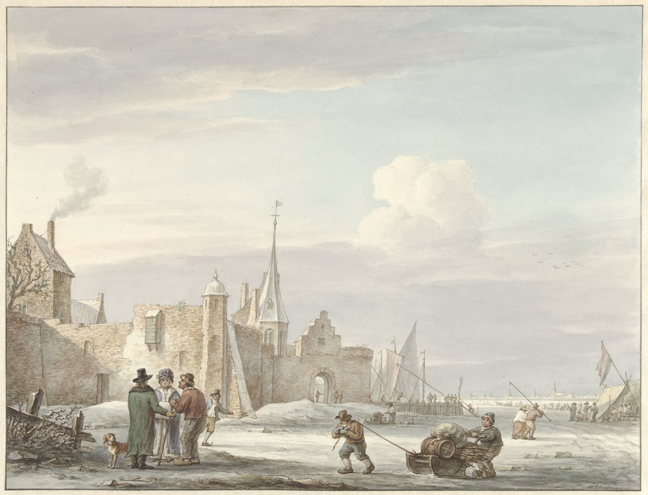 Stadsgezicht in de winter door Martinus Schouman