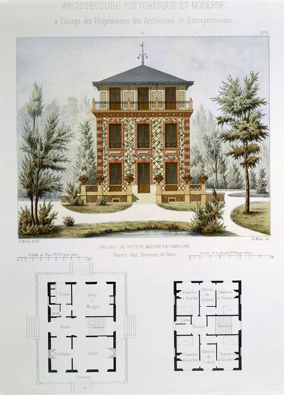 Project voor een klein landhuis nabij Parijs, gegraveerd door Walter, plaat 12 uit 