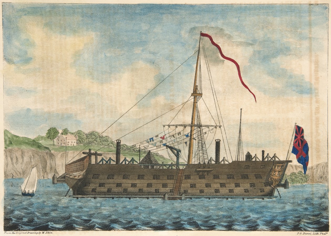 Gevangenisschip Saratoga bij Dartmouth, gepubliceerd 1840 (handgekleurde gravure) door Martyn after Alken