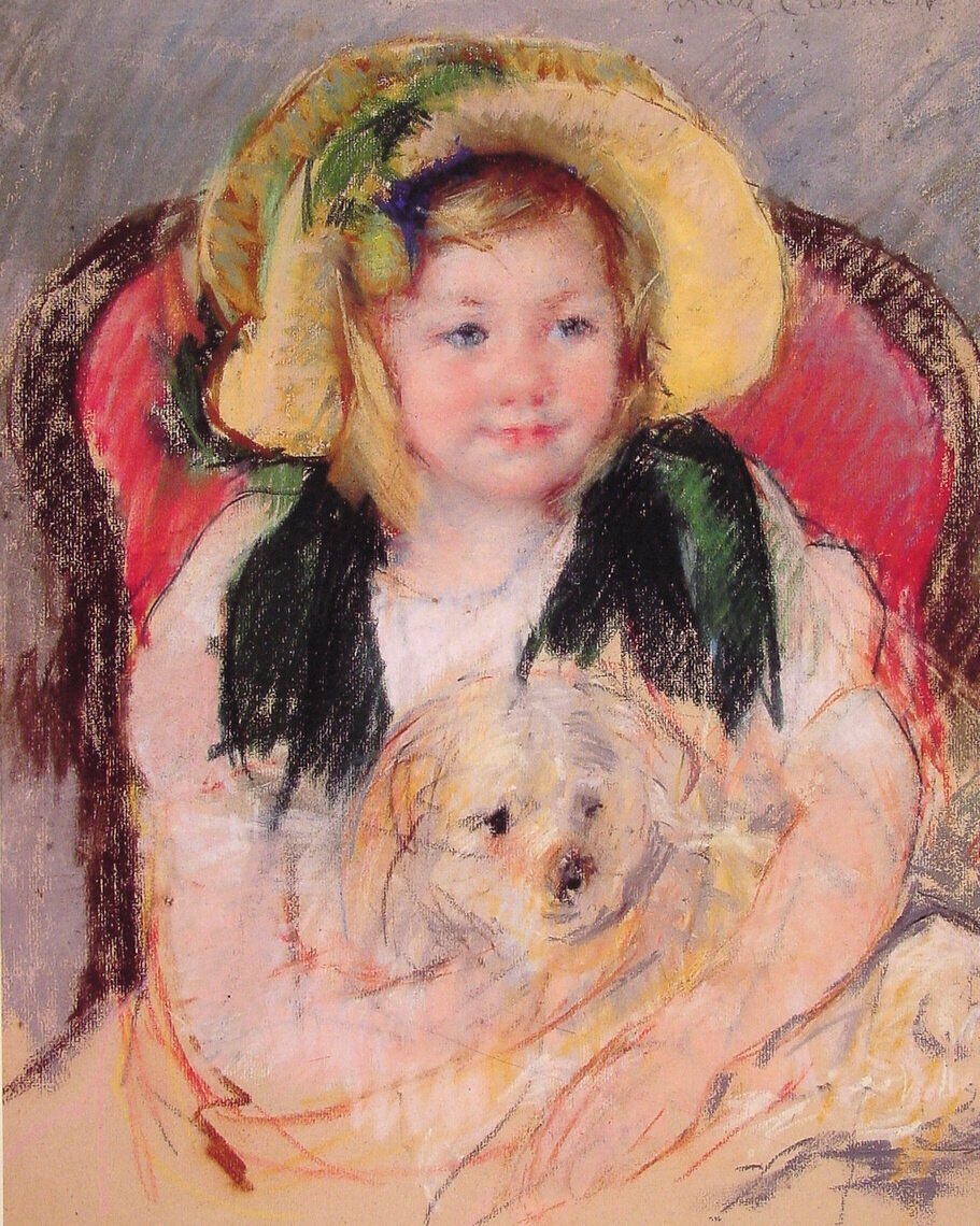 Sara met haar hond in een leunstoel door Mary Cassatt