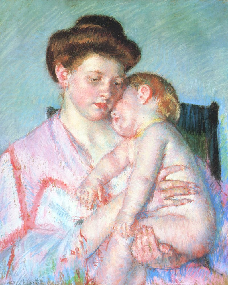 Slaperige baby door Mary Cassatt