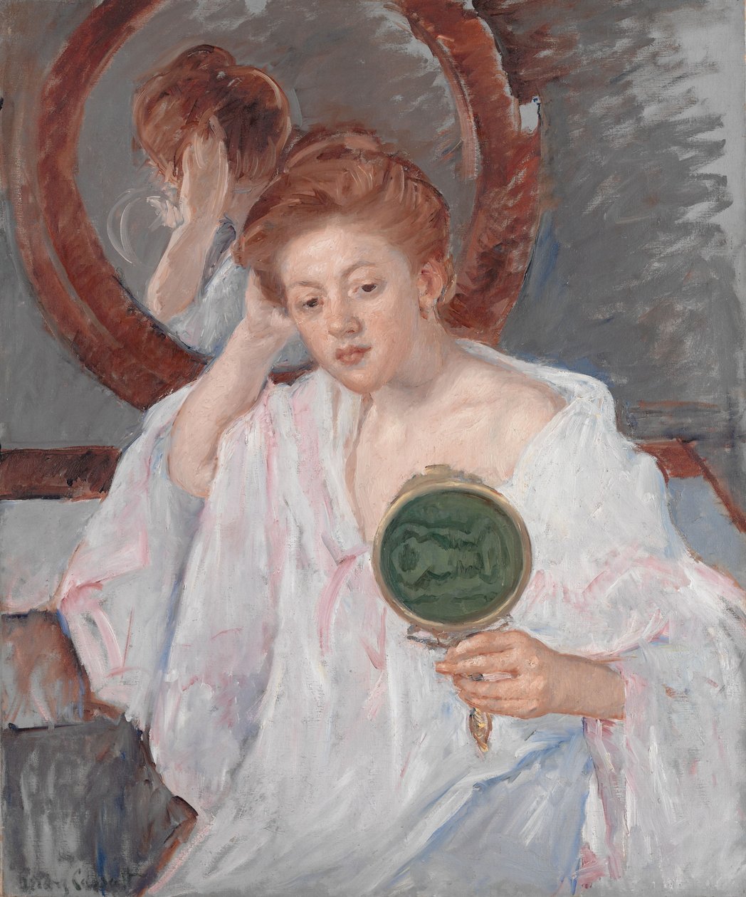 Denise aan haar kaptafel, ca. 1908-9 door Mary Cassatt