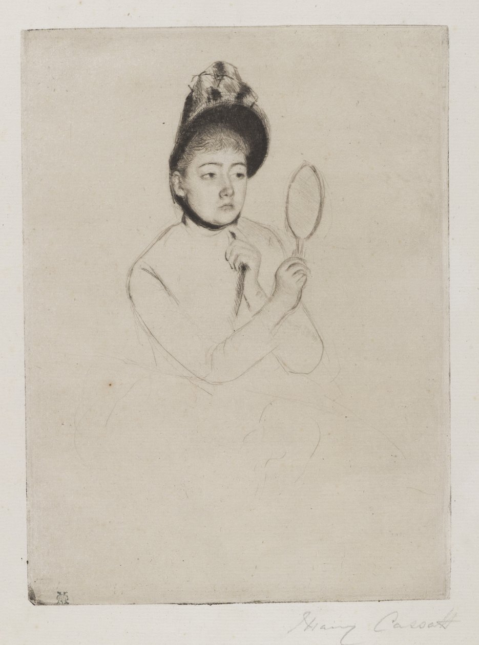 Femme au Mirror (De Hoed), c.1891 door Mary Cassatt