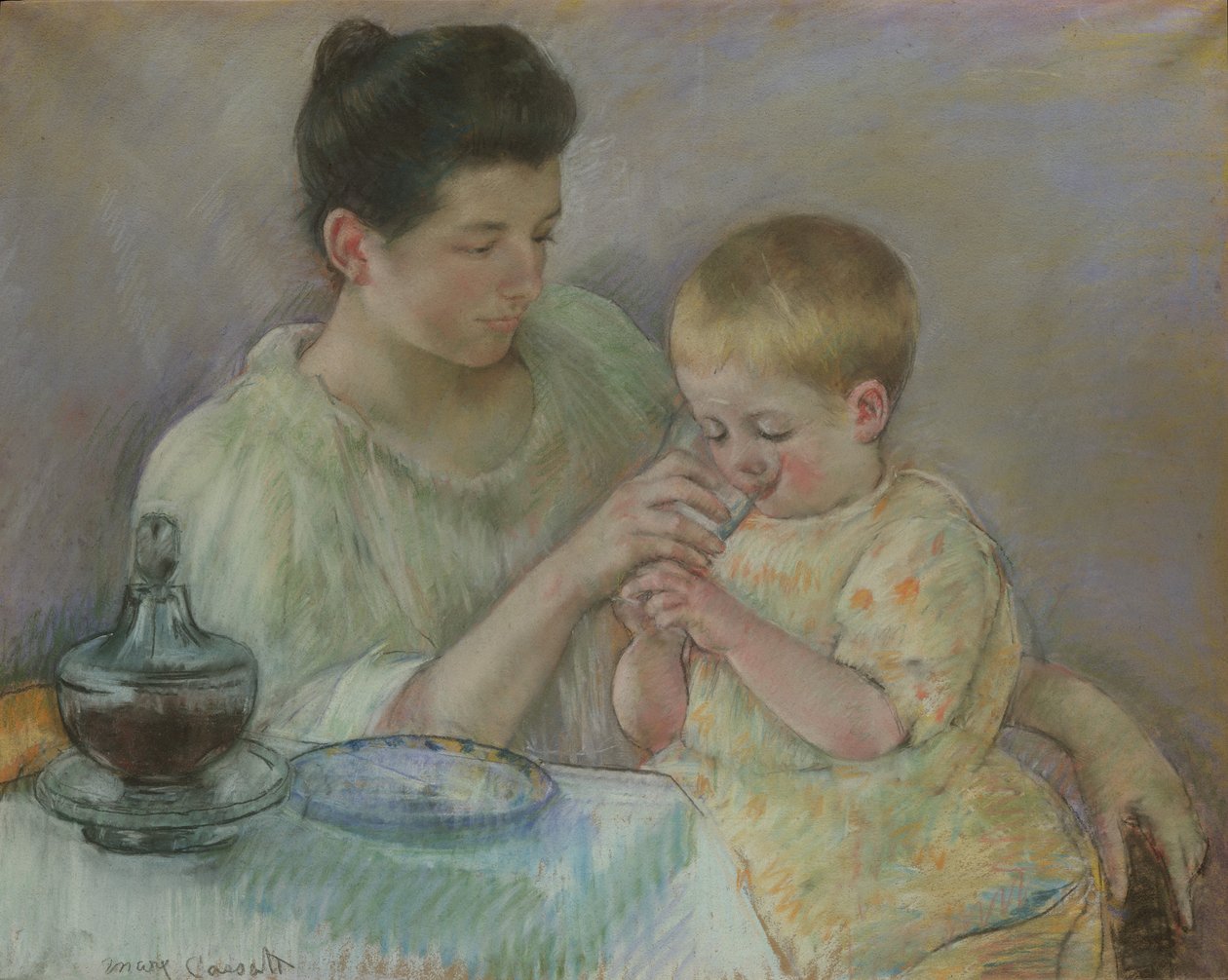Moeder voedt kind, 1898 door Mary Cassatt