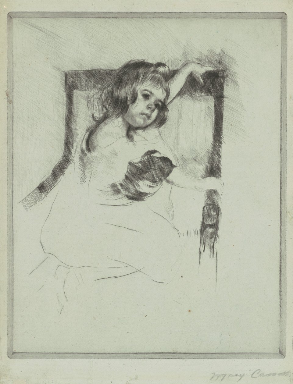 Knielend in een Fauteuil door Mary Cassatt