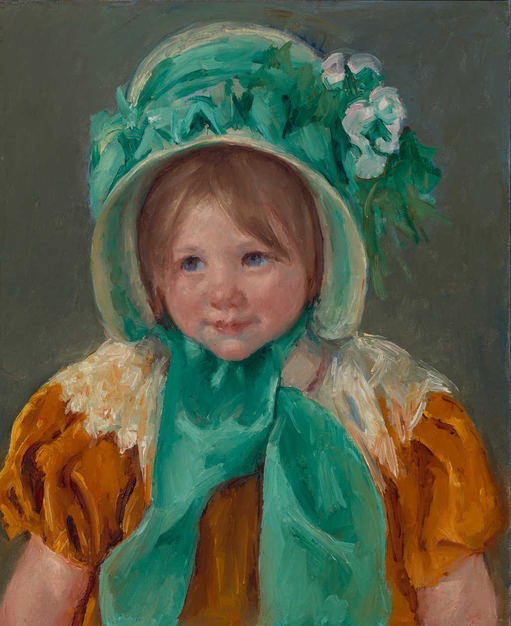 Sara in een groene bonnet door Mary Cassatt