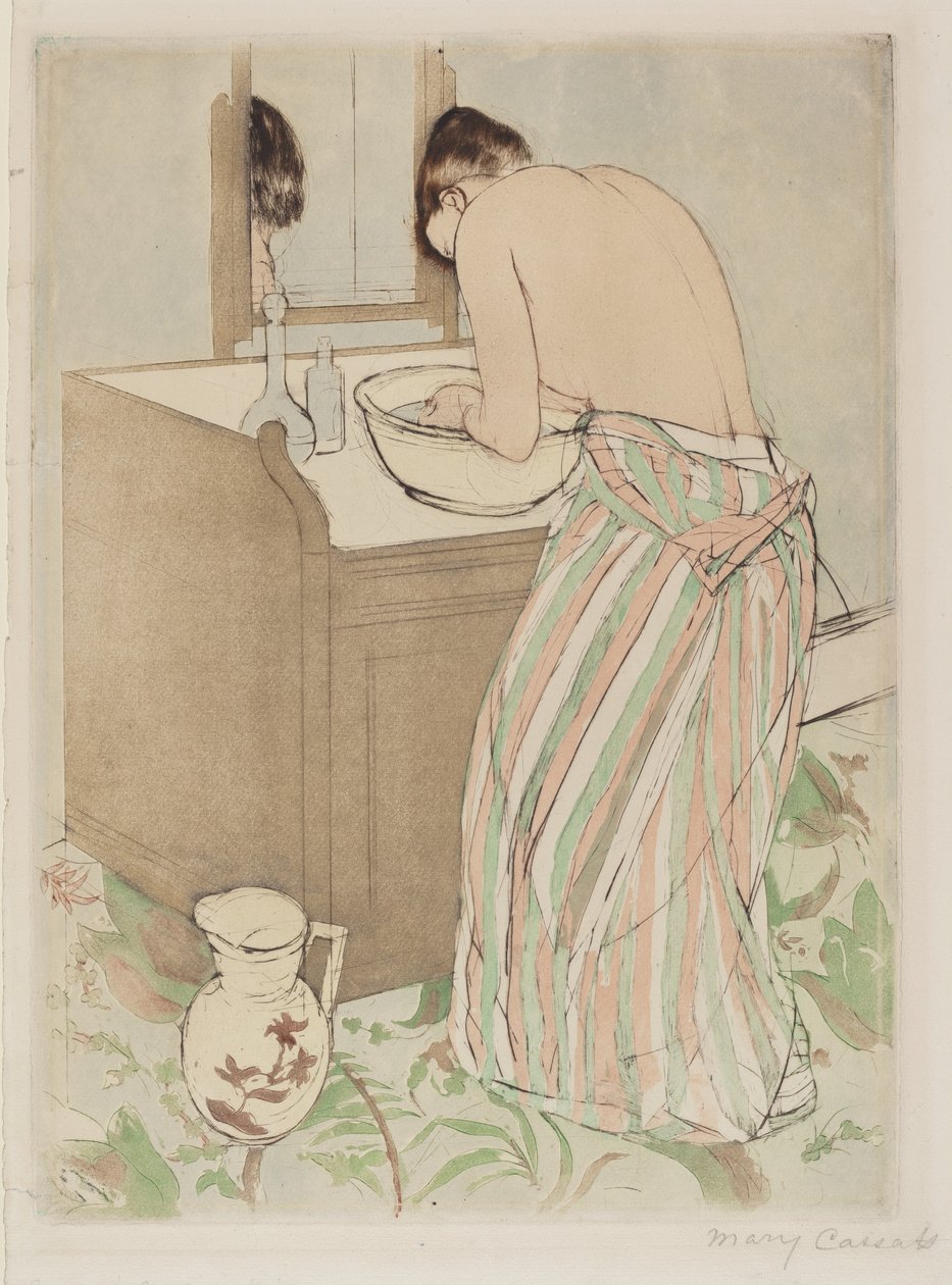 Vrouw die baadt door Mary Cassatt