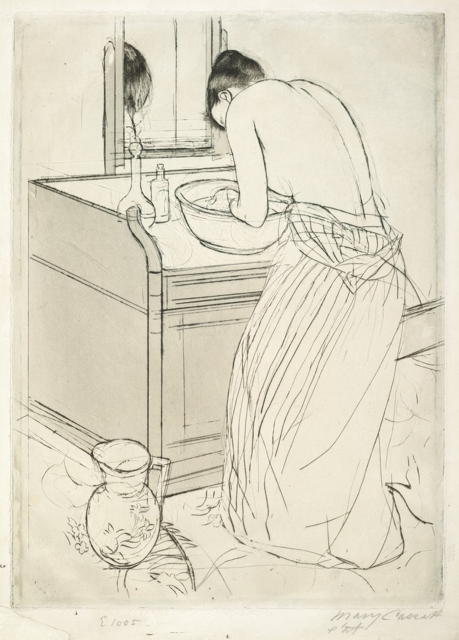 Vrouw die baadt door Mary Cassatt