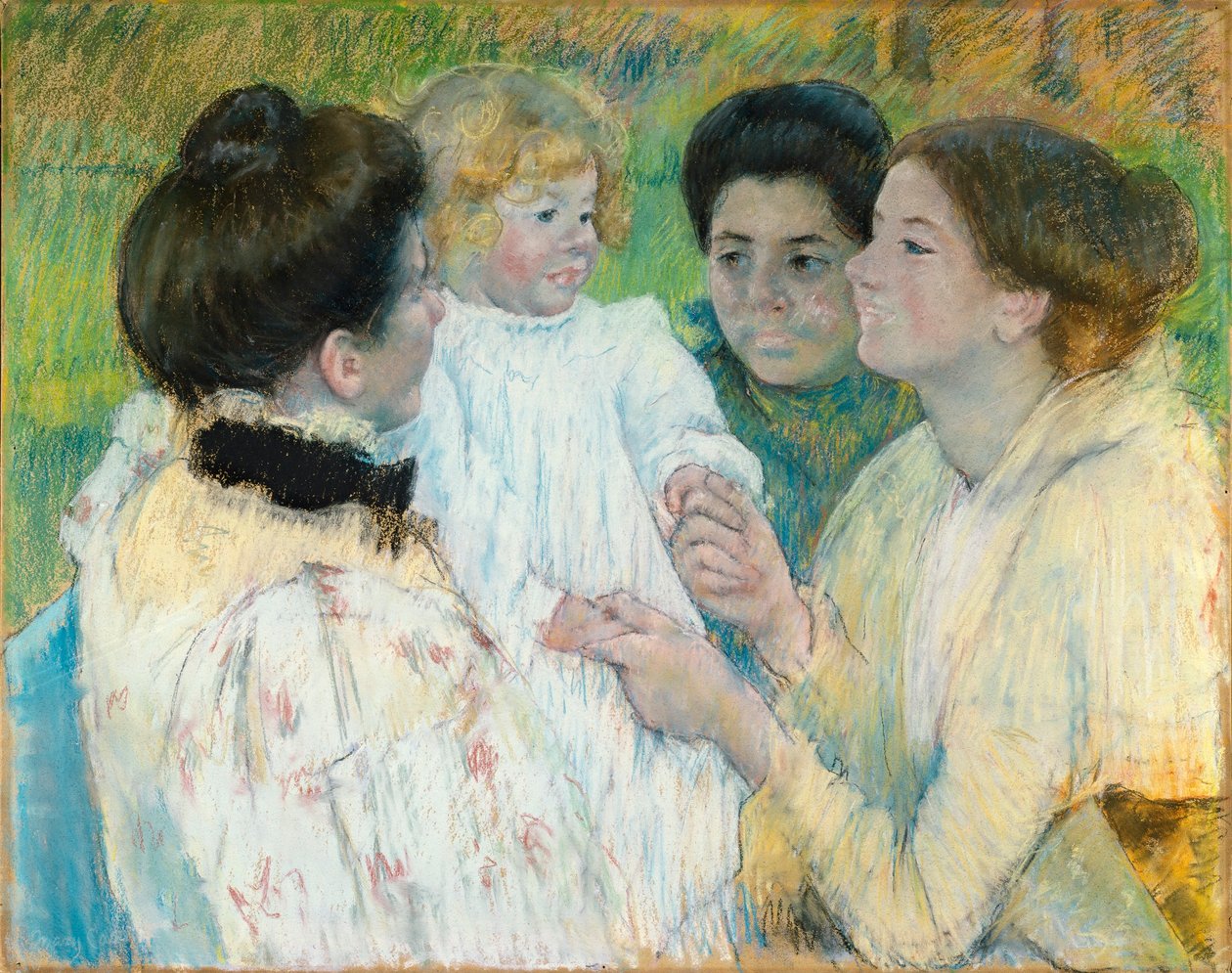 Vrouwen die een kind bewonderen door Mary Cassatt