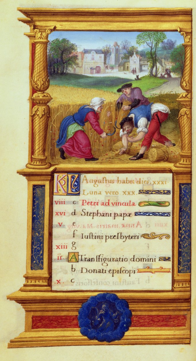 MS W.449 fol.9v Augustus Tarwe Oogsten, ca.1525 door Master Jean de Mauleon