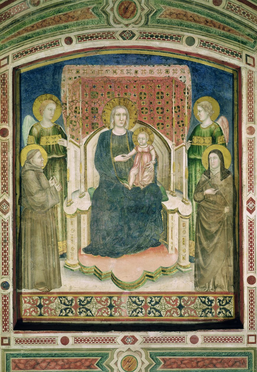 Madonna op de troon met St. Franciscus van Assisi, St. Clara en twee engelen door Master of Figline