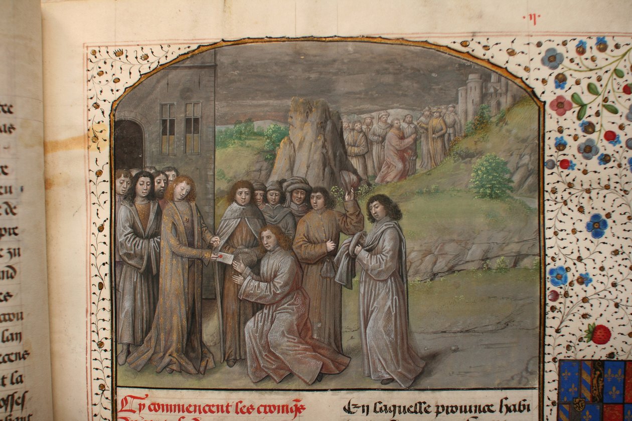 Ms 659 fol.2r Karel de Grote benoemt de eerste graaf van Vlaanderen, 1477 (detail) door Master of Mary of Burgundy