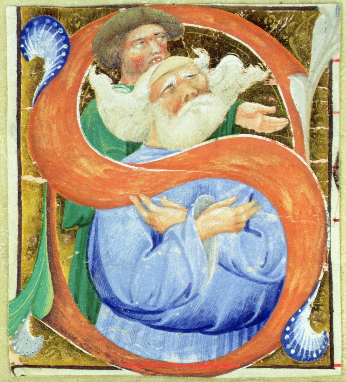 Geïllustreerde initiaal S die een oude man die bidt toont door Master of San Michele of Murano