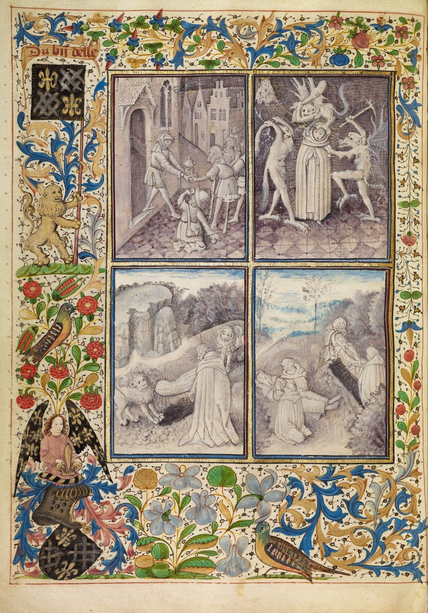 Sint Antonius Geeft zijn Kleding aan de Armen; Antonius Lijdt Verleidingen; Antonius Begraaft Paulus in de Woestijn; De Dood en Begrafenis van Sint Antonius door Master of the Brussels Romuléon or workshop