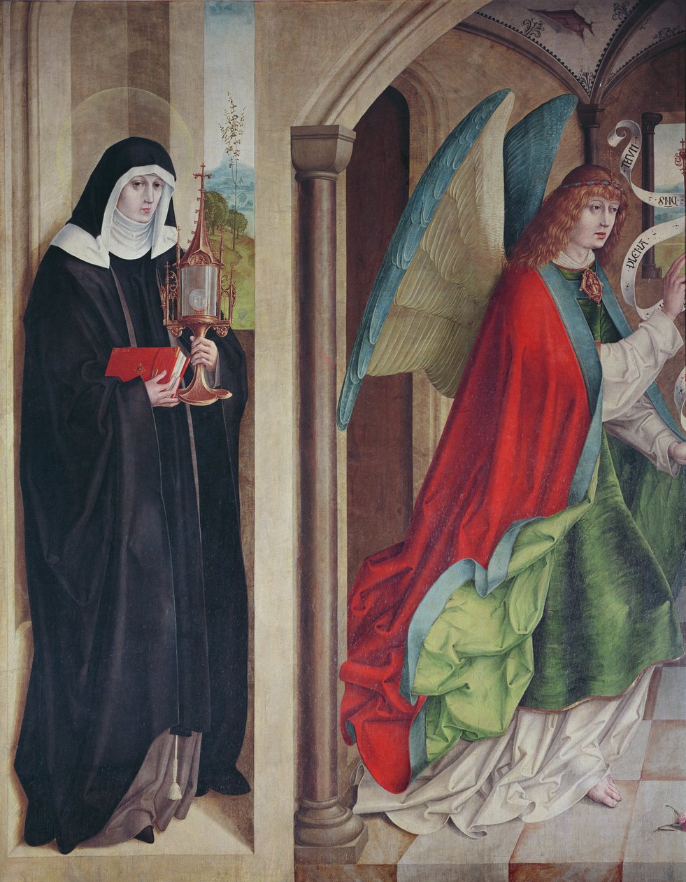 De Aankondiging met St. Clara van Assisi, linker paneel van het retabel wanneer gesloten, 1480 door Master of the Carnation