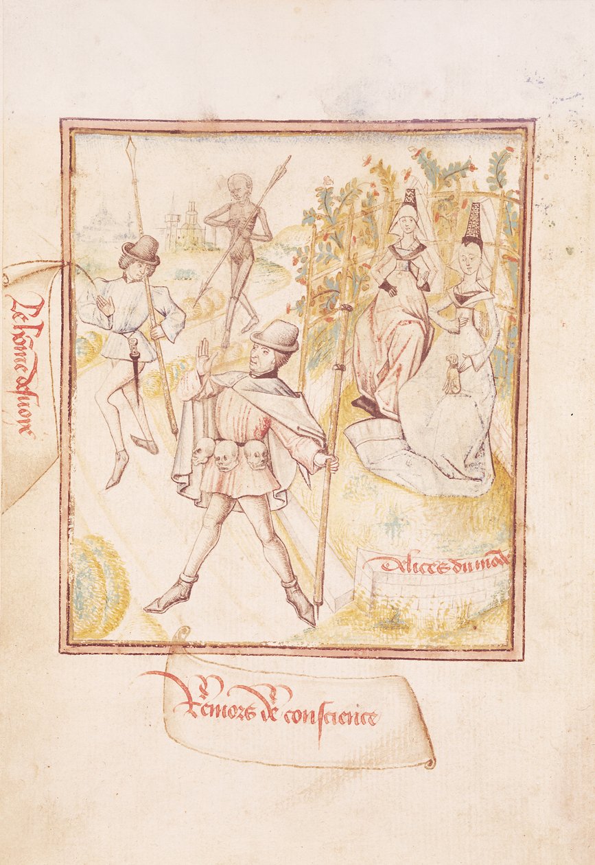 Ms 410 fol.24v De man die op een dwaalspoor is gebracht heeft tweede gedachten en de geneugten van de wereld, uit 
