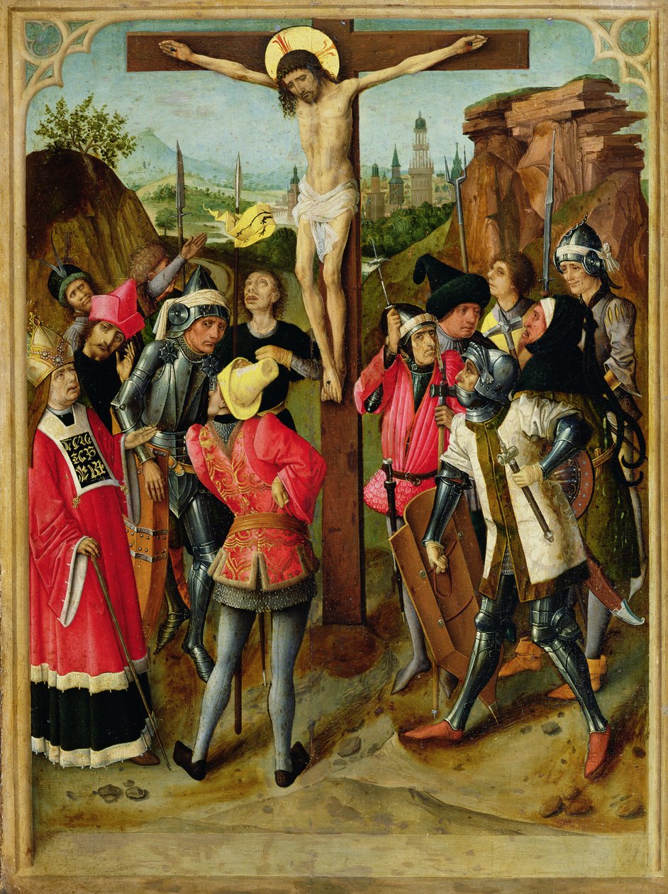 De kruisiging, c.1460-75 door Master of the Gathering of the Manna
