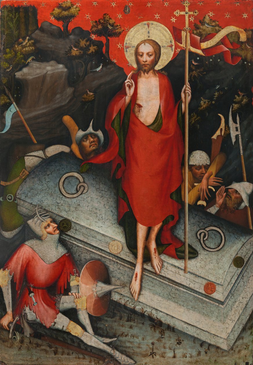 De opstanding, SS Jacobus de Mindere, Bartholomeus, Filippus door Master of the Trebon Altarpiece