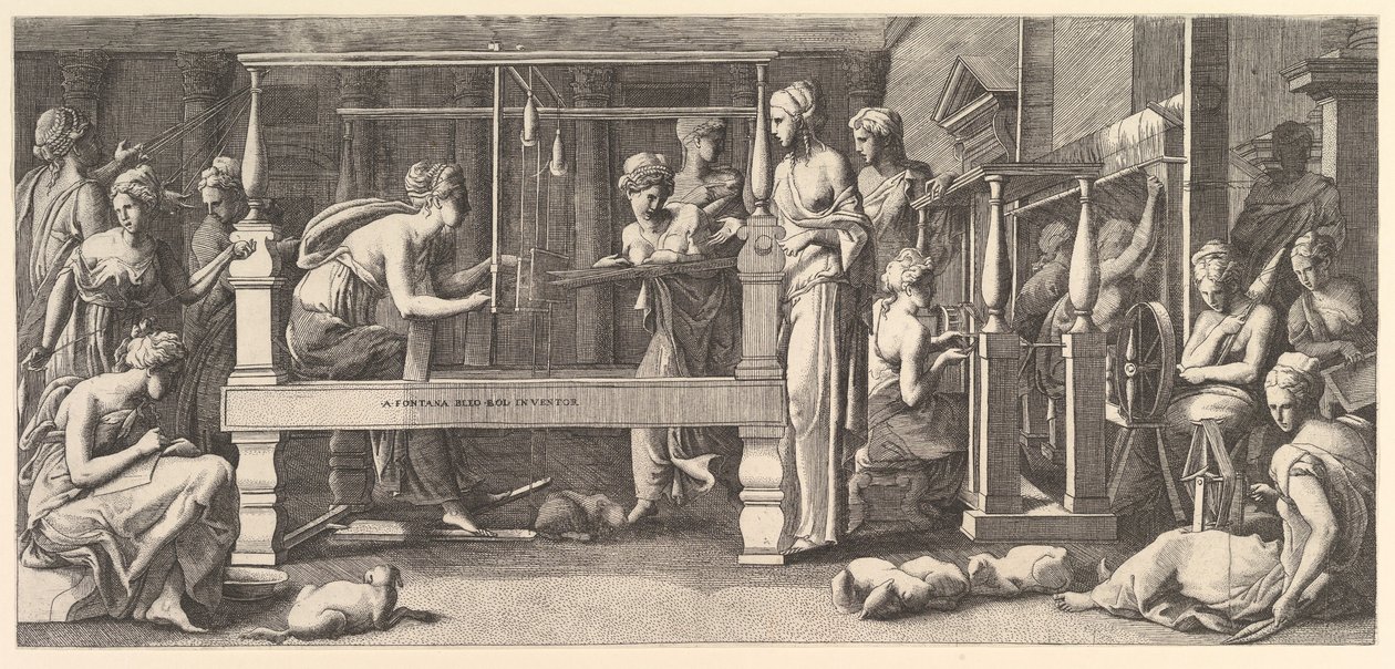 Vrouwen spinnen, weven en naaien, 1540-50 door Master FG