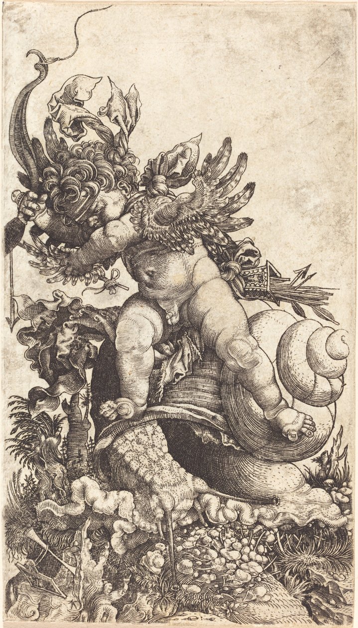 Cupido Rijdt op een Slak over Schimmelvegetatie door Master H.L.