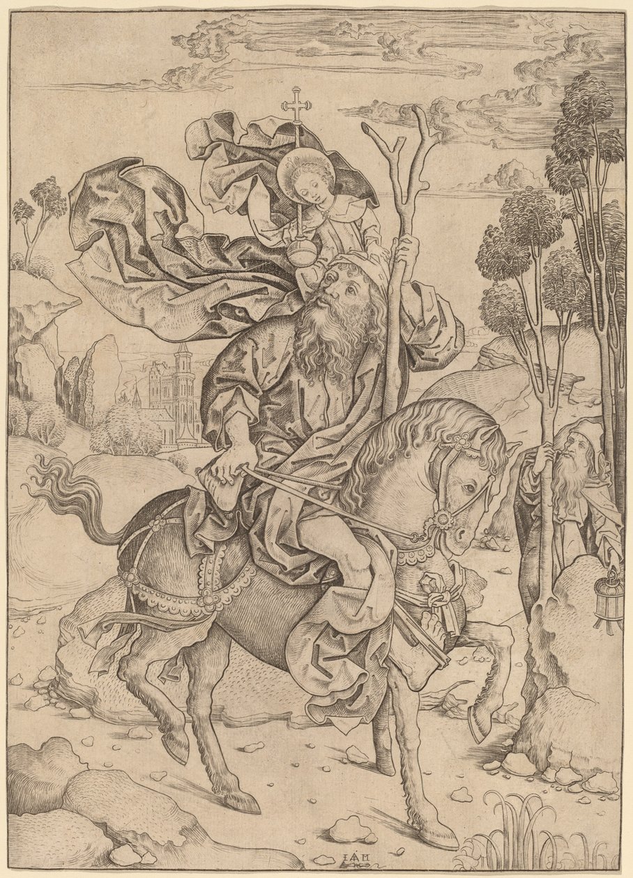 Sint Christoffel te Paard door Master I.A.M. of Zwolle