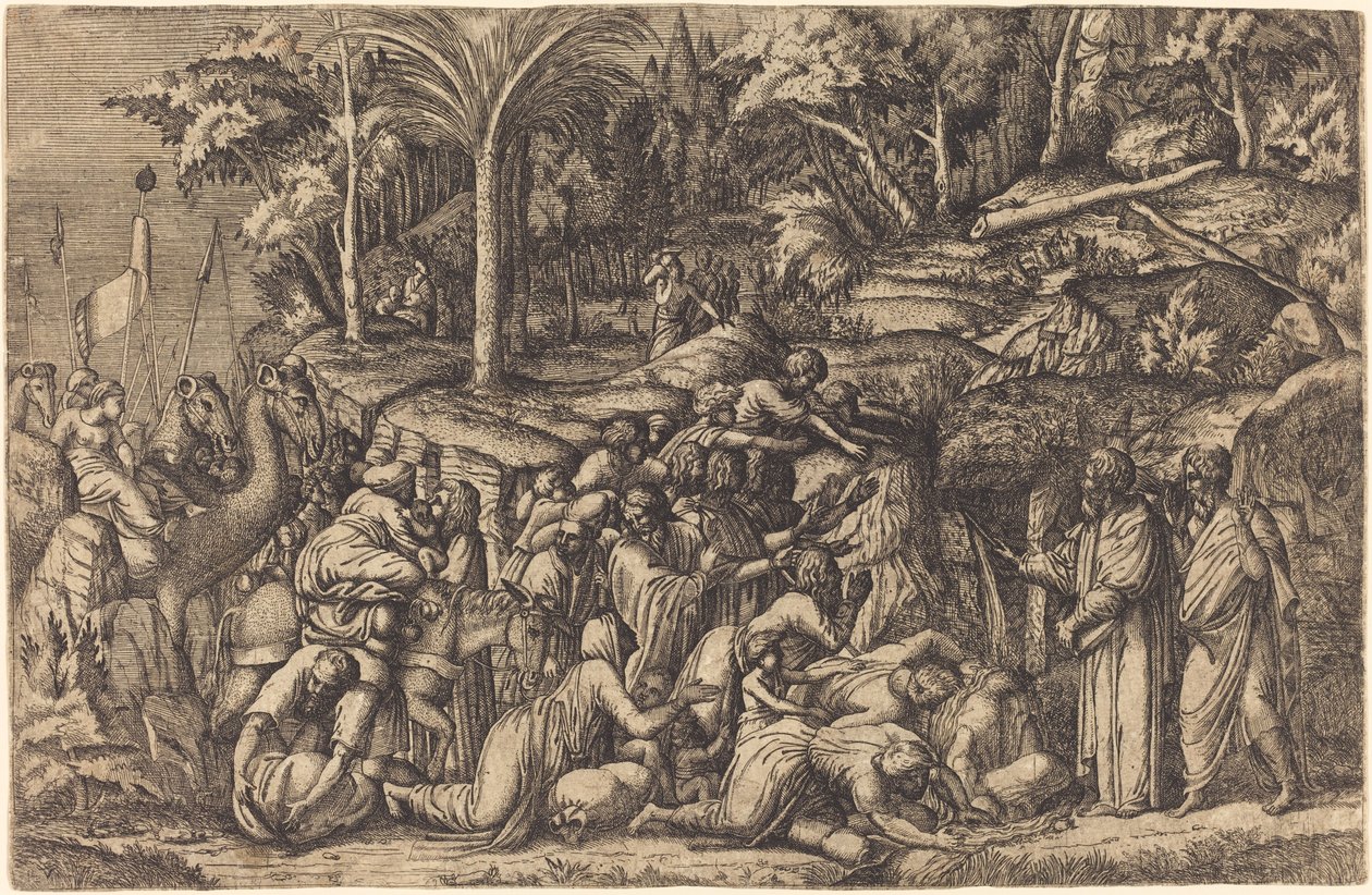 Mozes Slaat op de Rots door Master IV after Francesco Primaticcio