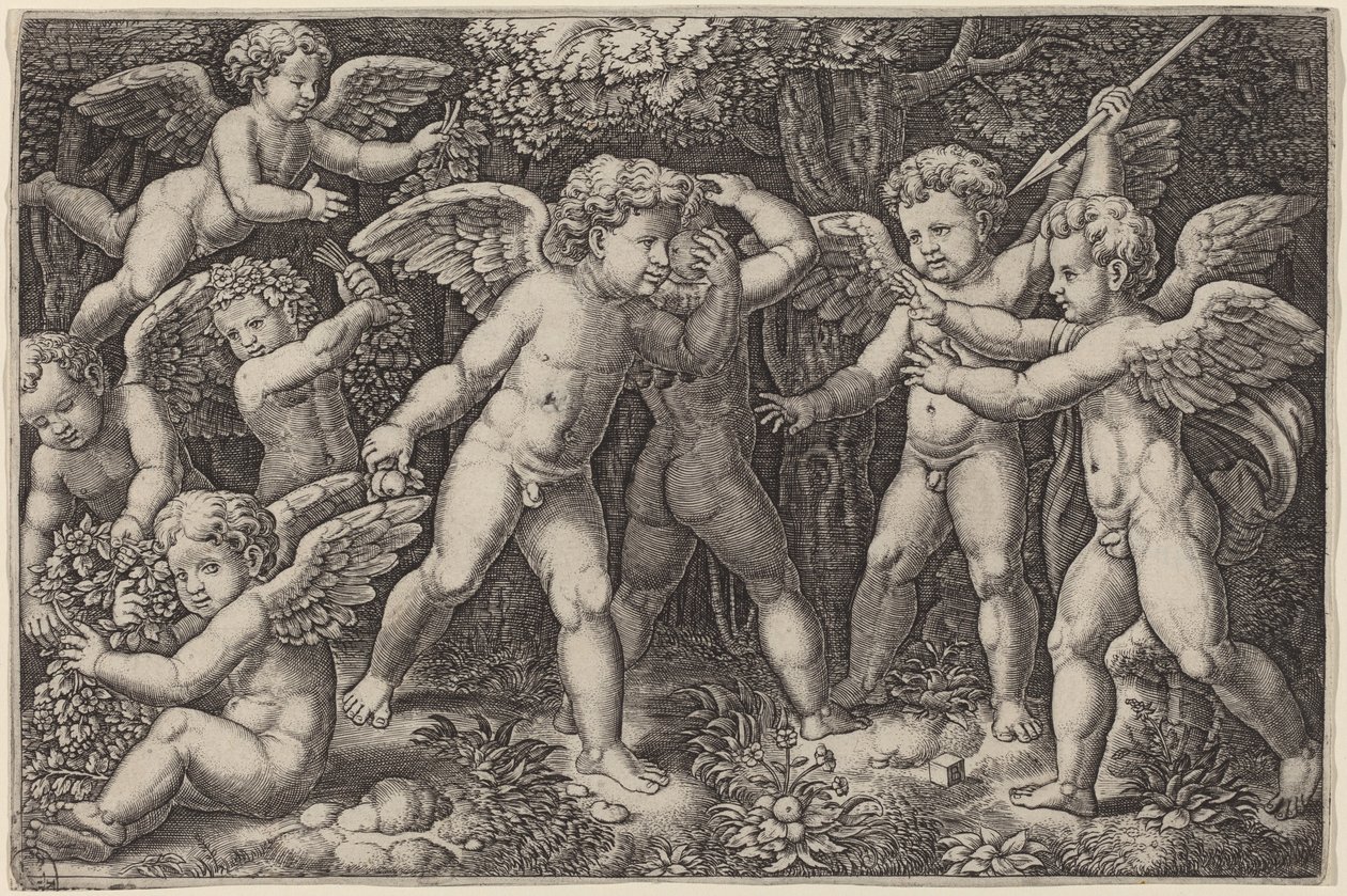 Putti Spelen door Master of the Die after Raphael