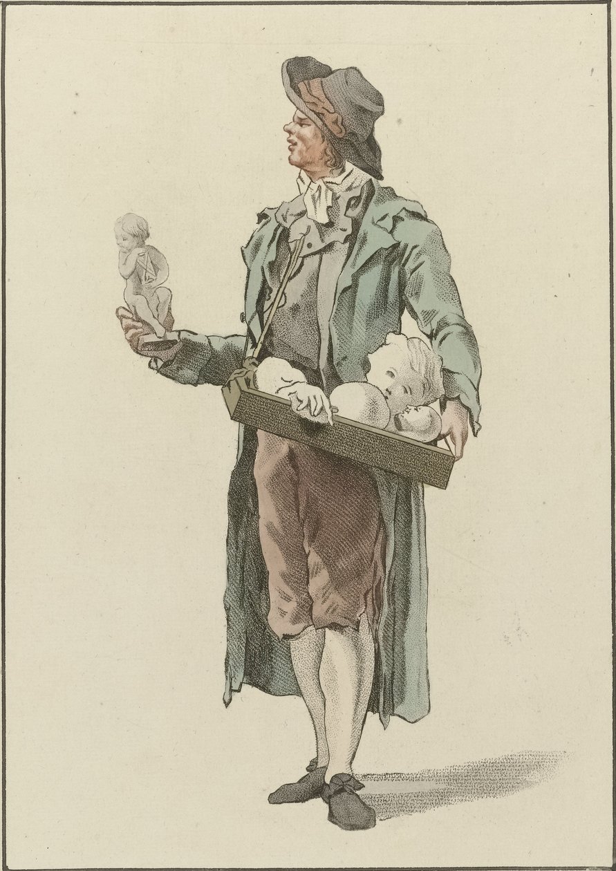 Straatventer met gipsbeeldjes door Mathias de Sallieth