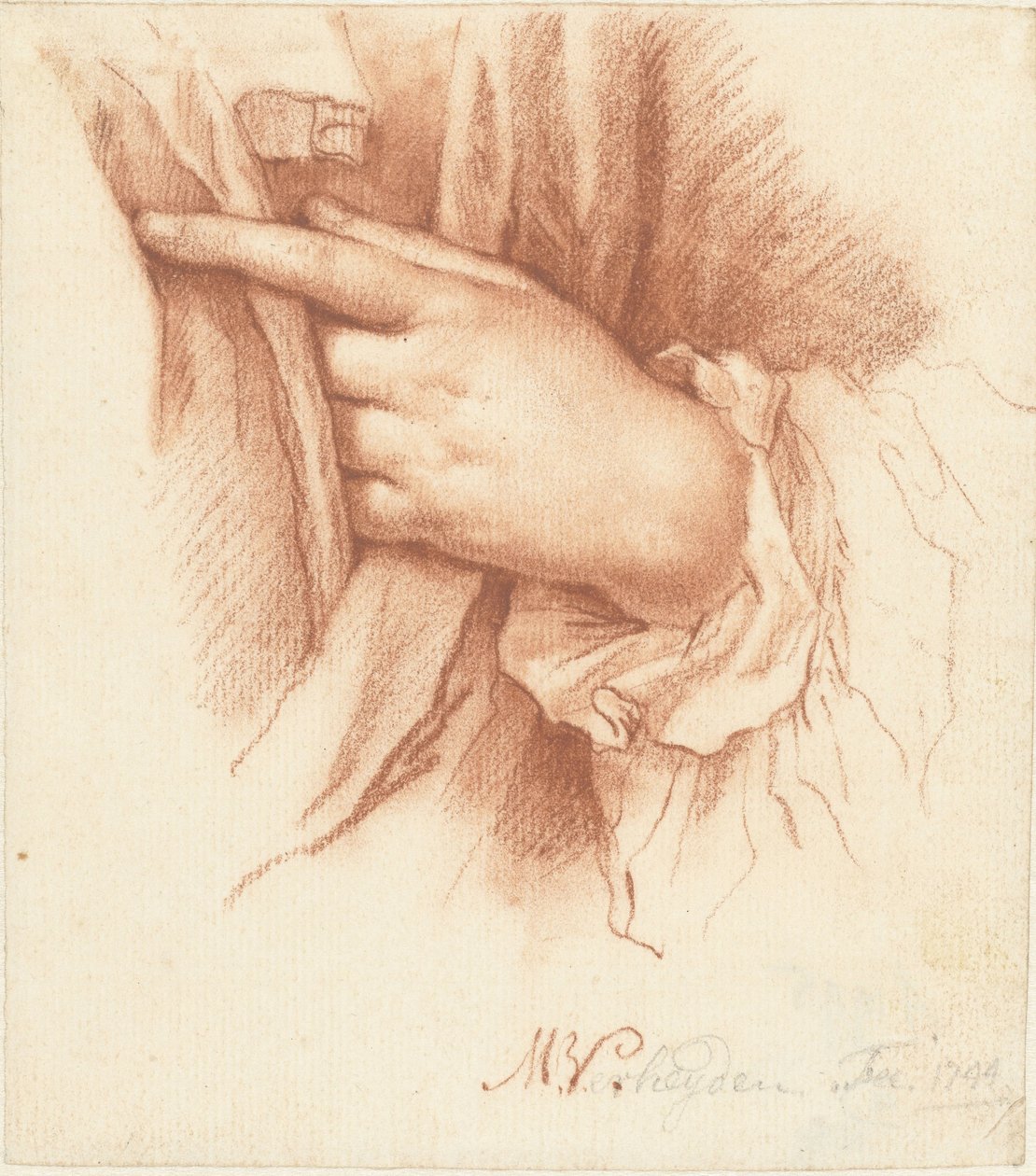 Studie van een linkerhand in draperie door Mattheus Verheyden
