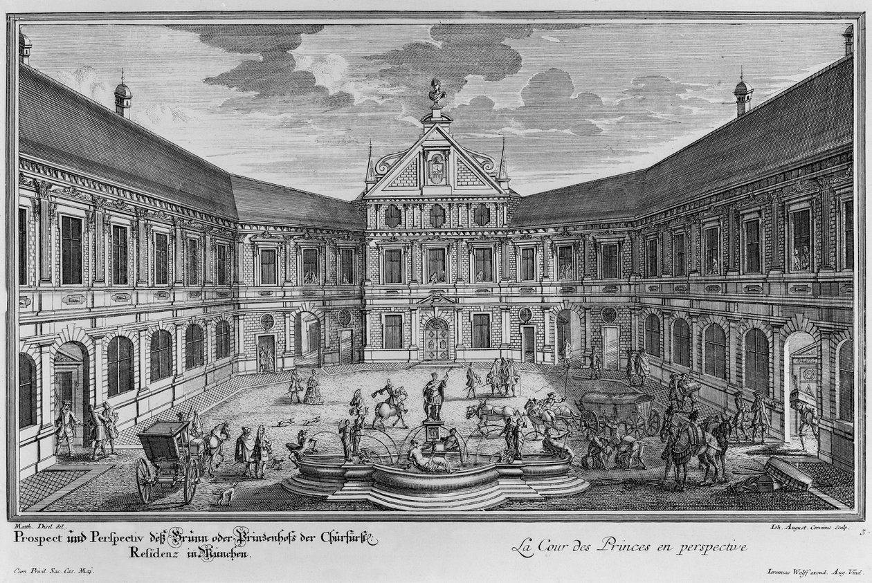 Paleis in München, Duitsland, gegraveerd door Johann August Corvinus door Matthias Diesel