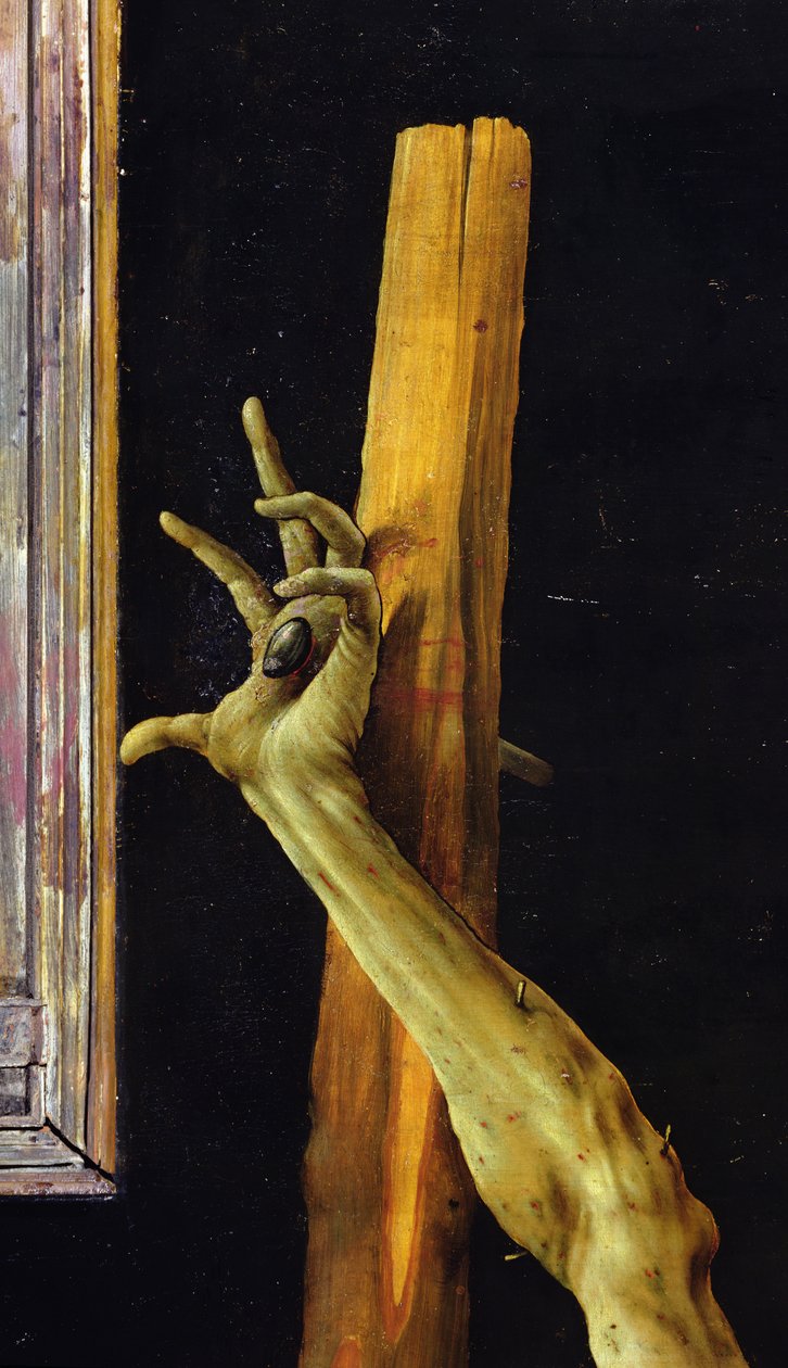 Het Isenheim altaarstuk, gesloten (detail van de linkerhand van Christus) door Matthias Grünewald
