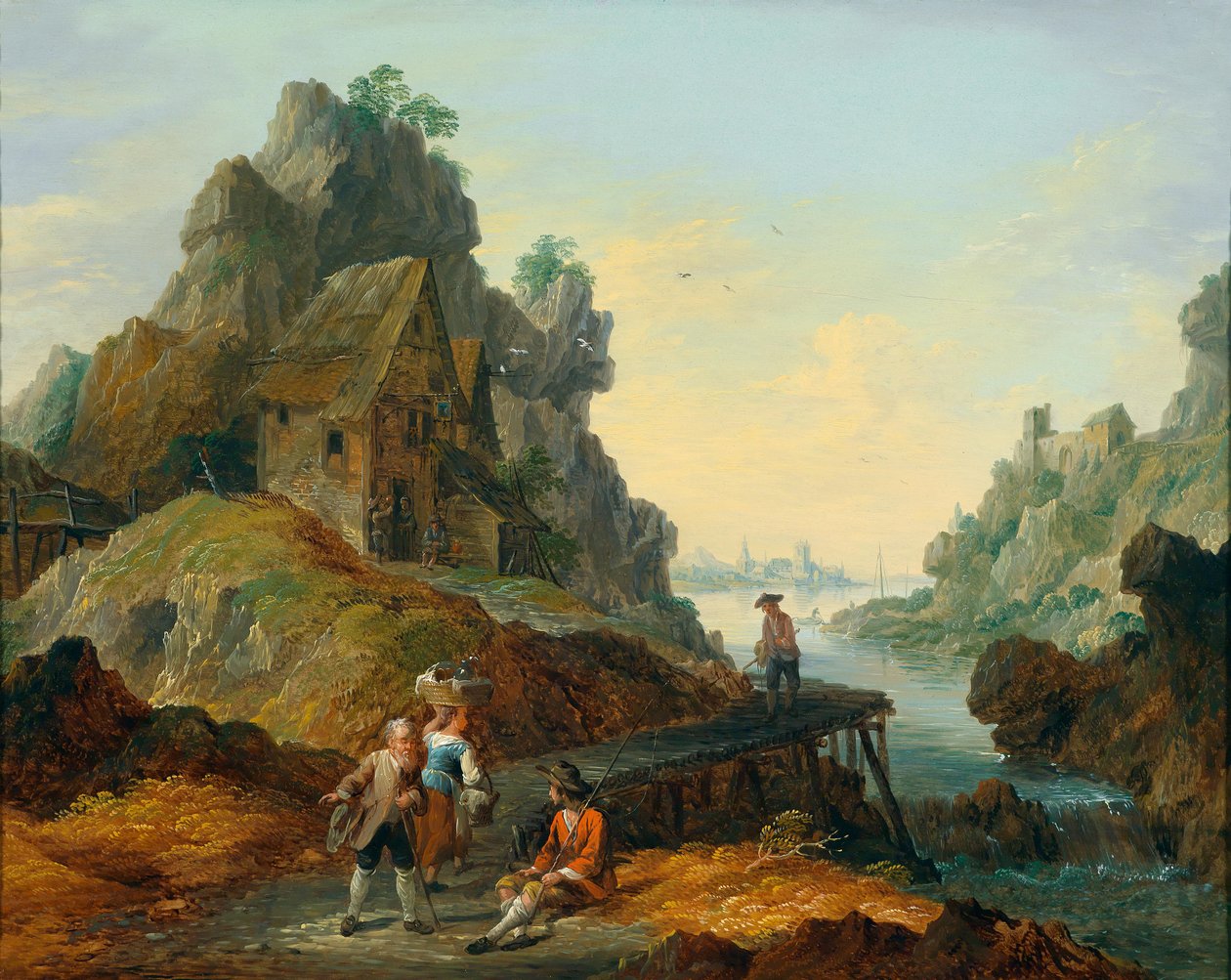 Een rivierlandschap met vissers door Matthias de Visch  