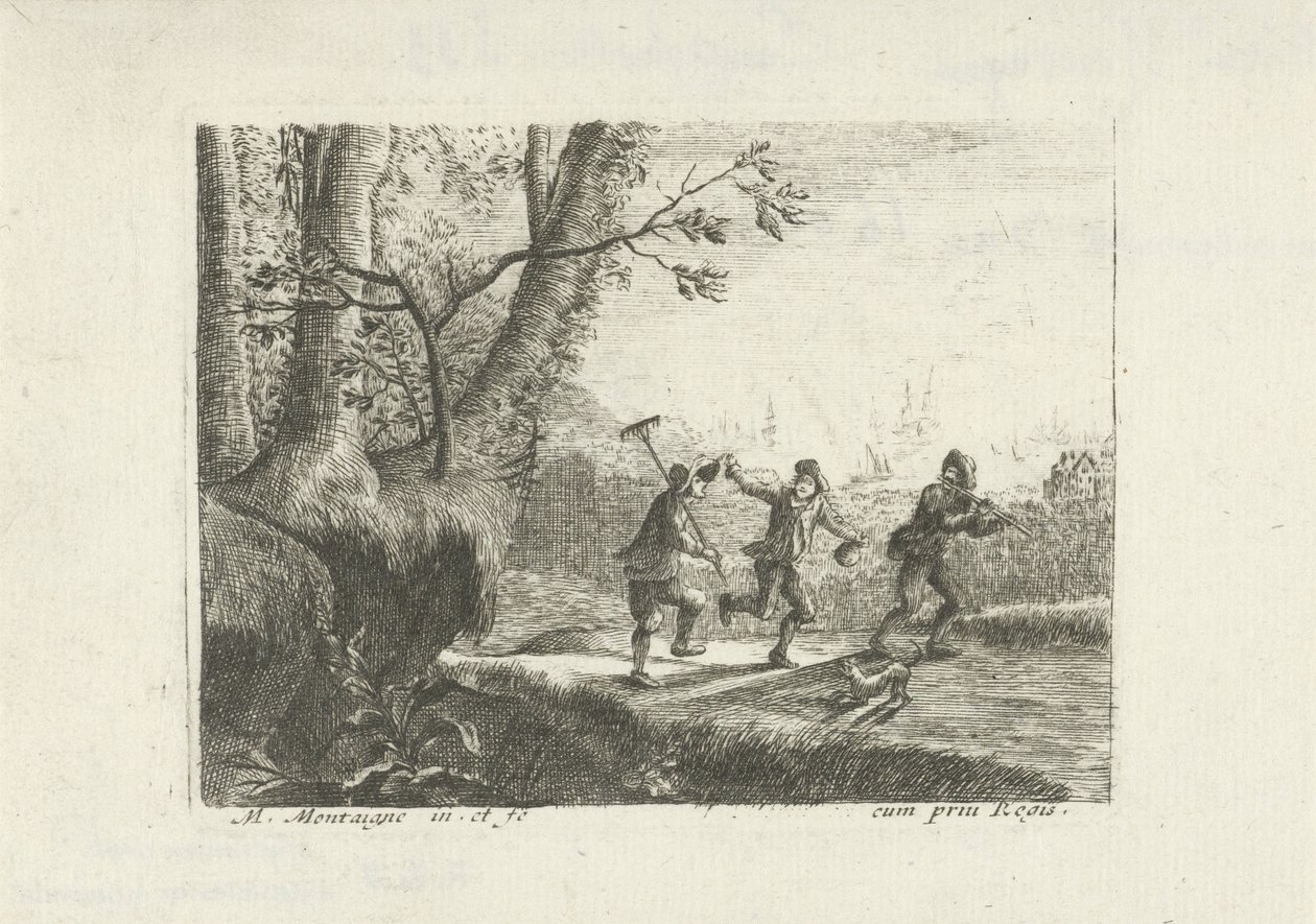 Landschap met drie dansende boeren door Matthieu van Plattenberg