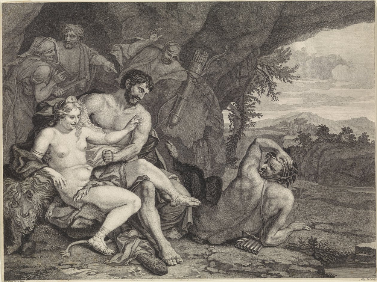 Landschap met Hercules en Omphale door Matthijs Pool