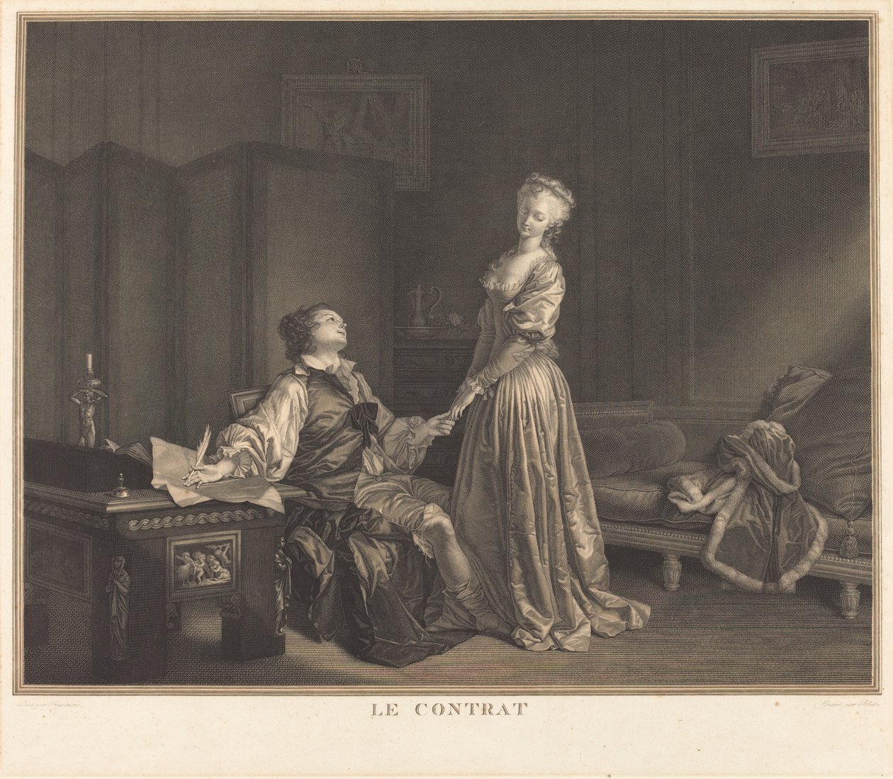 Het contract door Maurice Blot after Jean Honoré Fragonard