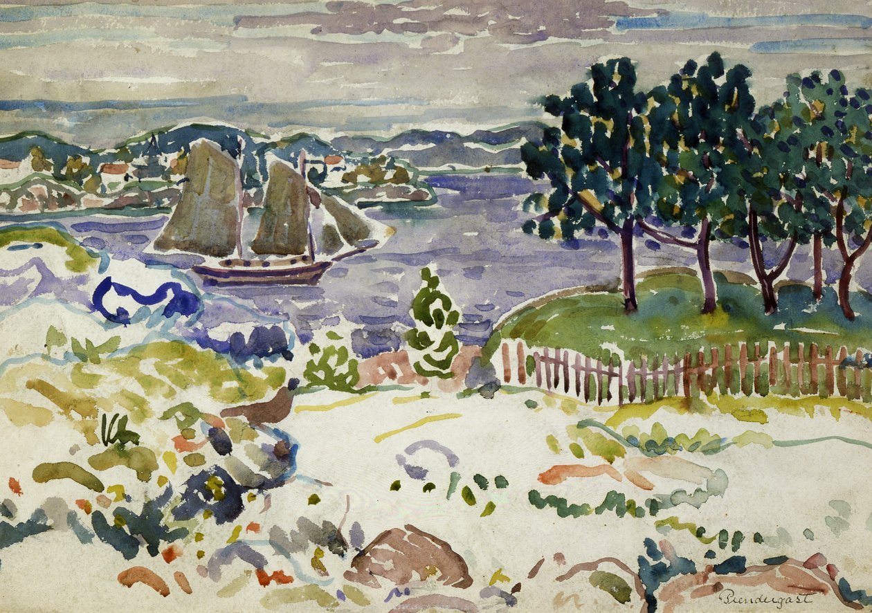 Inham met zeilboot, Maine, ca. 1913-1915 door Maurice Brazil Prendergast