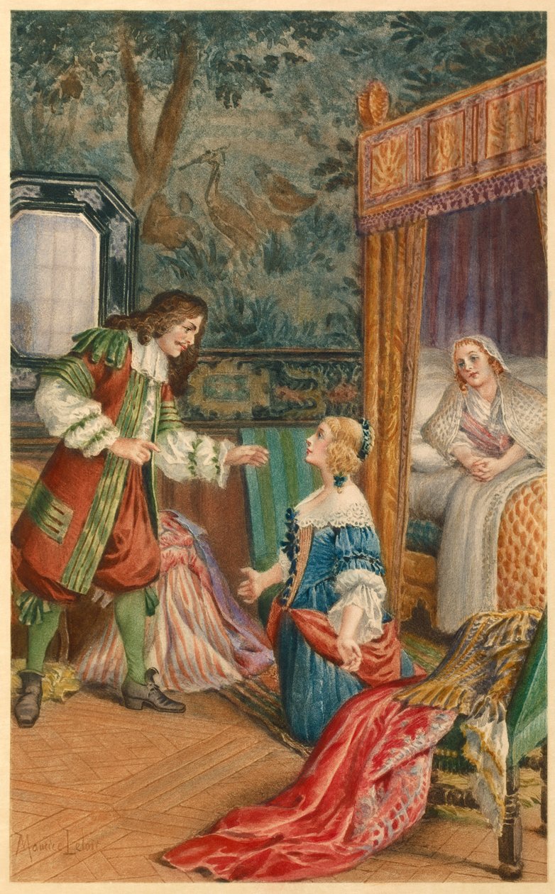 Geschil tussen Armande en Moliere (illustratie) door Maurice Leloir