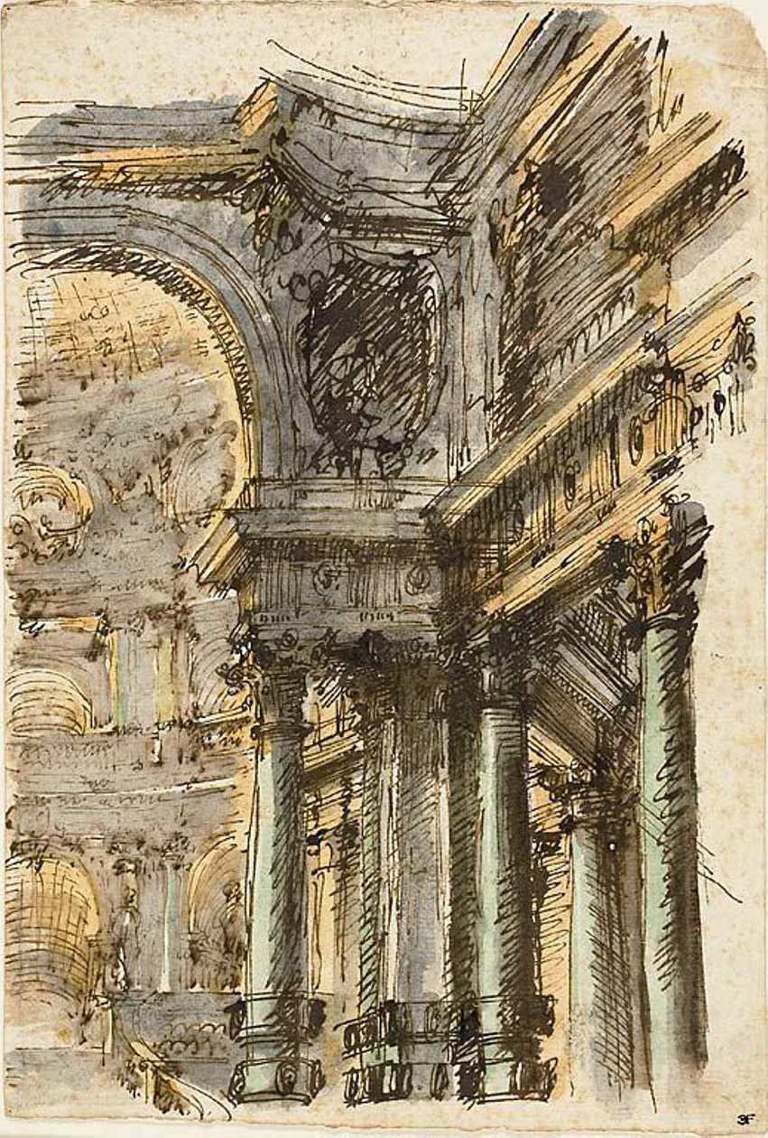 Architectonische Fantasie (recto); Architectonische Details (verso) door Mauro Antonio Tesi